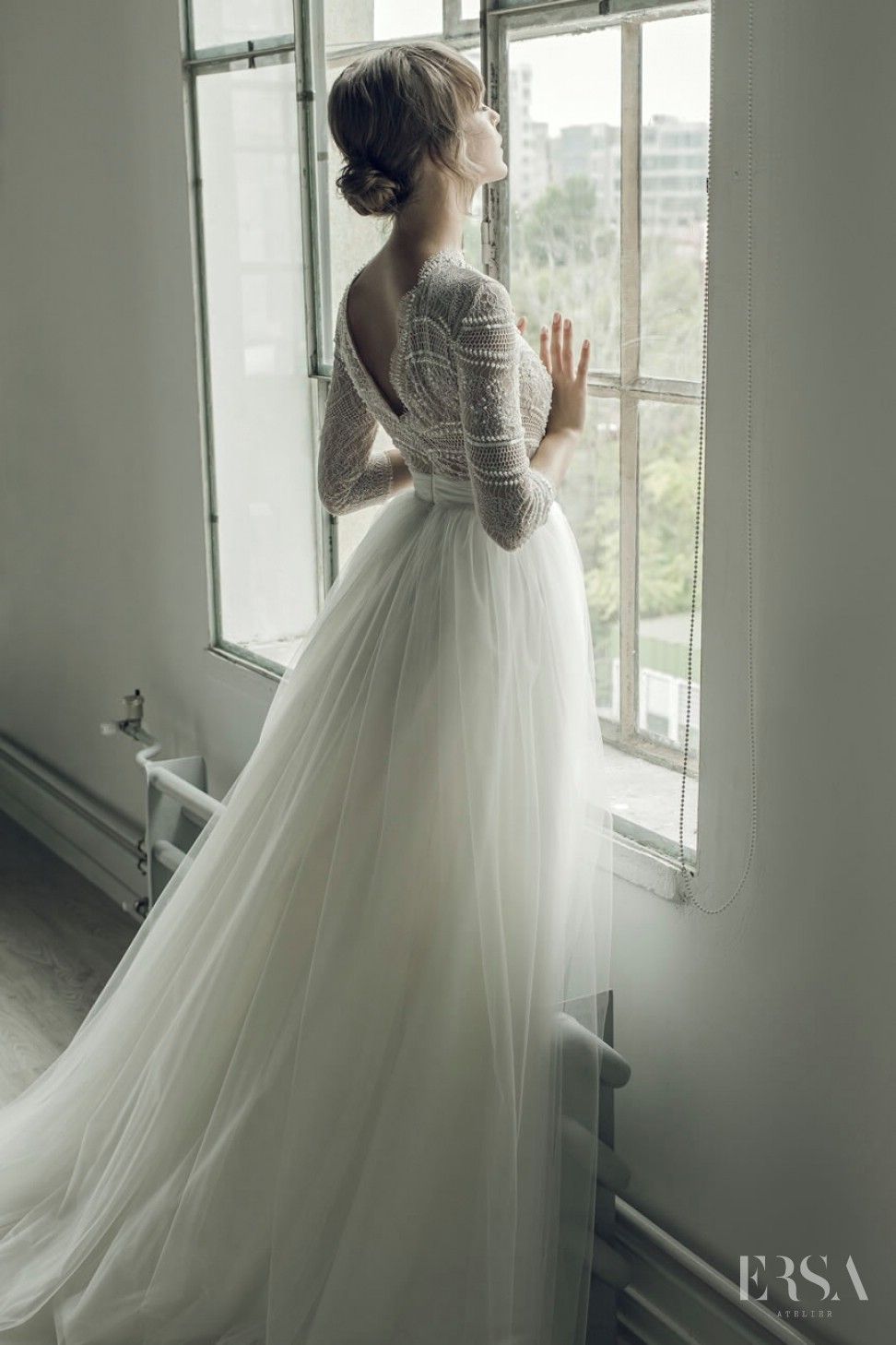 Ersa Atelier Dresses A e Jewel Neck Lace Beads Pearls Sweep Train Long Sleeve Bridal Gowns Custom Plus Size Beach Wedding Dress
