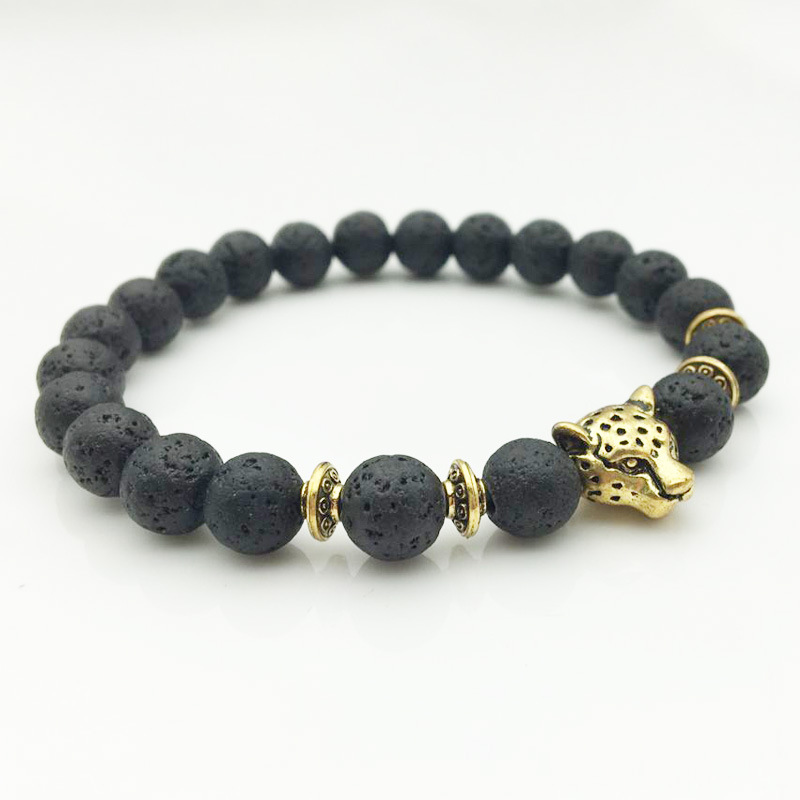 Natural Bracelet Black Lava Stone 1 Beads with Leopard Head Essential Oil Diffuser for Aromatherapy and Daily Wear Gift High Quality Texture