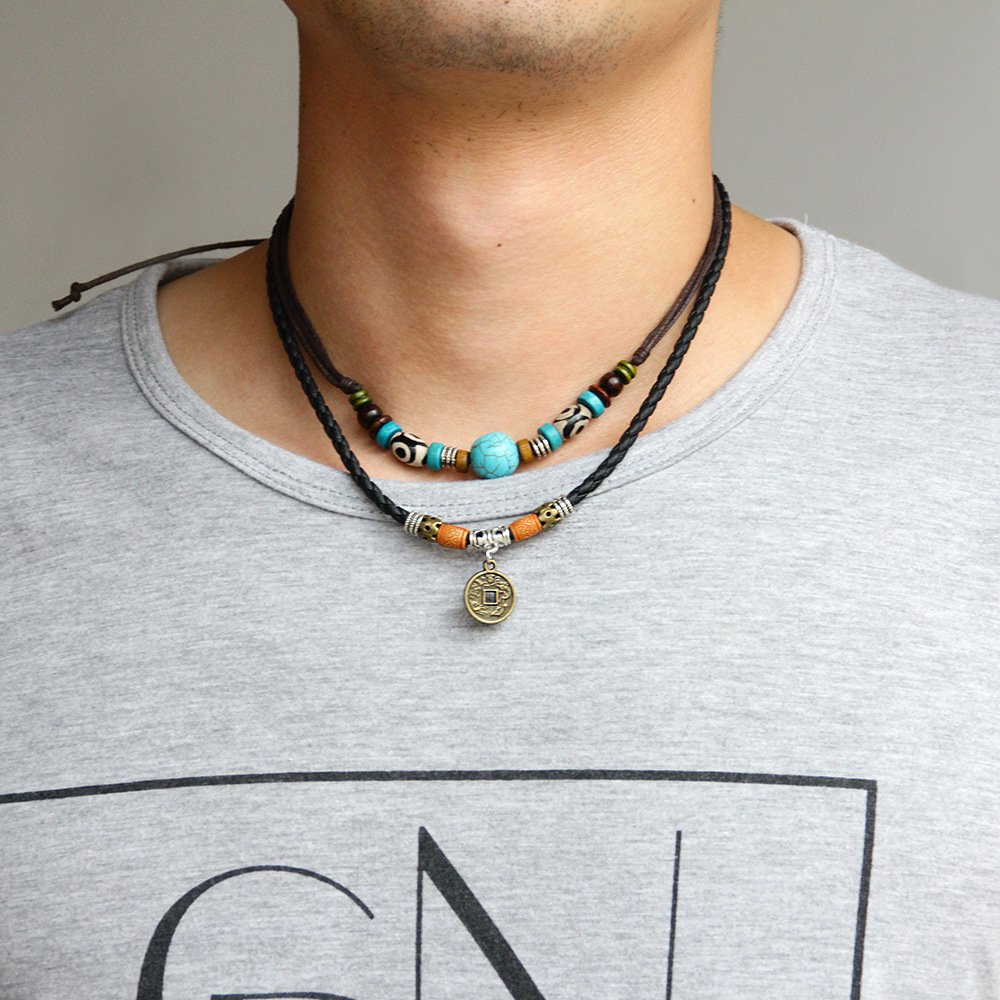 MNWT Ancient Coin Pendant Necklace/Multilayer Wood Beads Necklace Bohemian Fashion Jewelry Genuine Leather Men Necklaces