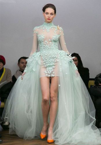 Mint Green Sheath Prom Dresses With Detachable Train Long Sleeves Appliqued Dress Evening Wear High Neck Pageant Formal Dress