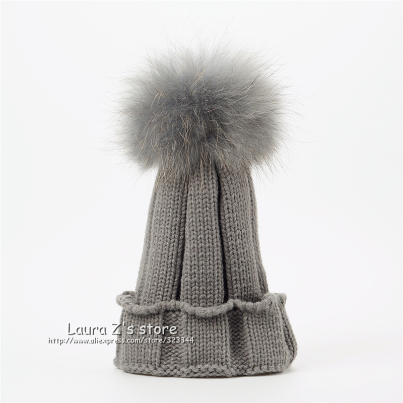 LAURASHOW Children Winter Raccoon Fox Fur Hat Girls Boys Real Fur pompoms Ball Baby Beanies Cap Kids Knitted Hats D18110601