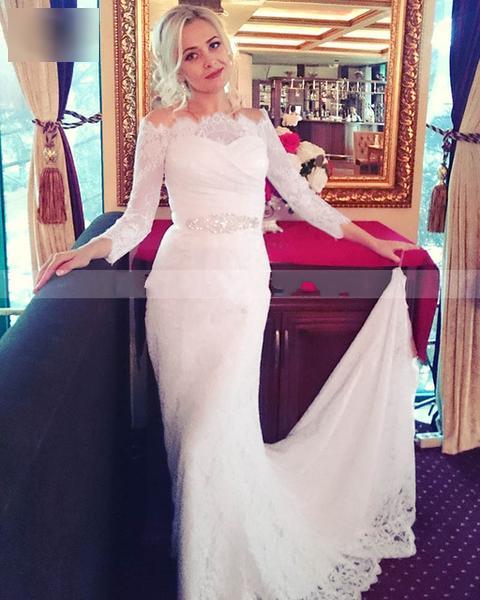 Lace Long Sleeve Bridal Mermaid Wedding Gowns Cheap Off the Shoulder Wedding Dress Vintage Crystal Beaded Sash Vestido De Noiva, Ivory
Lace Long Sleeve Bridal Mermaid Wedding Gowns Cheap Off the Shoulder Wedding Dress Vintage Crystal Beaded Sash Vestido De Noiva, Ivory