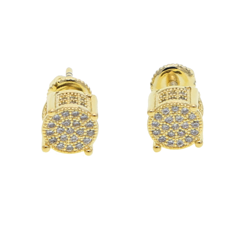 Hip Hop Round Men's Gold Screw Back Stud Earrings, 2024 Iced Out Square CZ Micro Paved 4