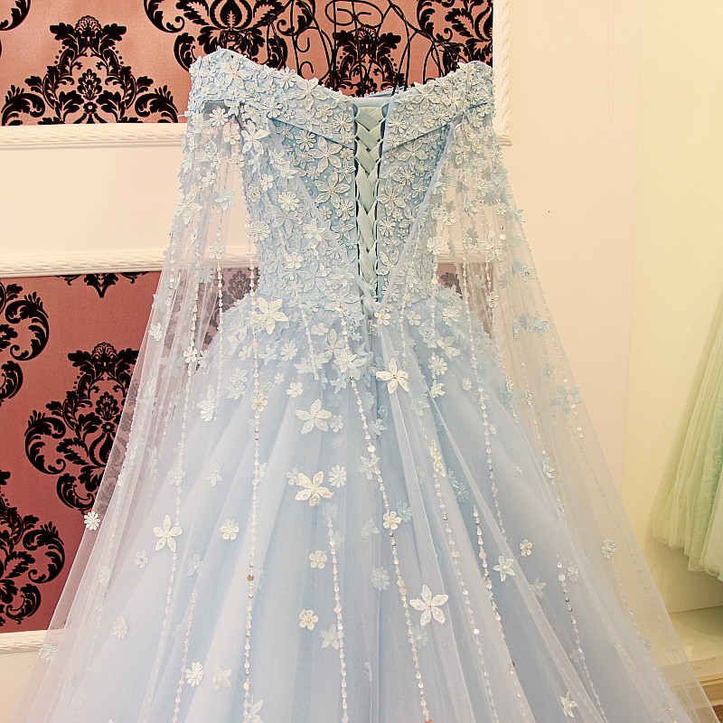 2022 Blue Off The Shoulder Wedding Dresses with Detachable Cape Beaded Pearls Applique Elegant Lace-up Back Bridal Wedding Gowns Real Photo