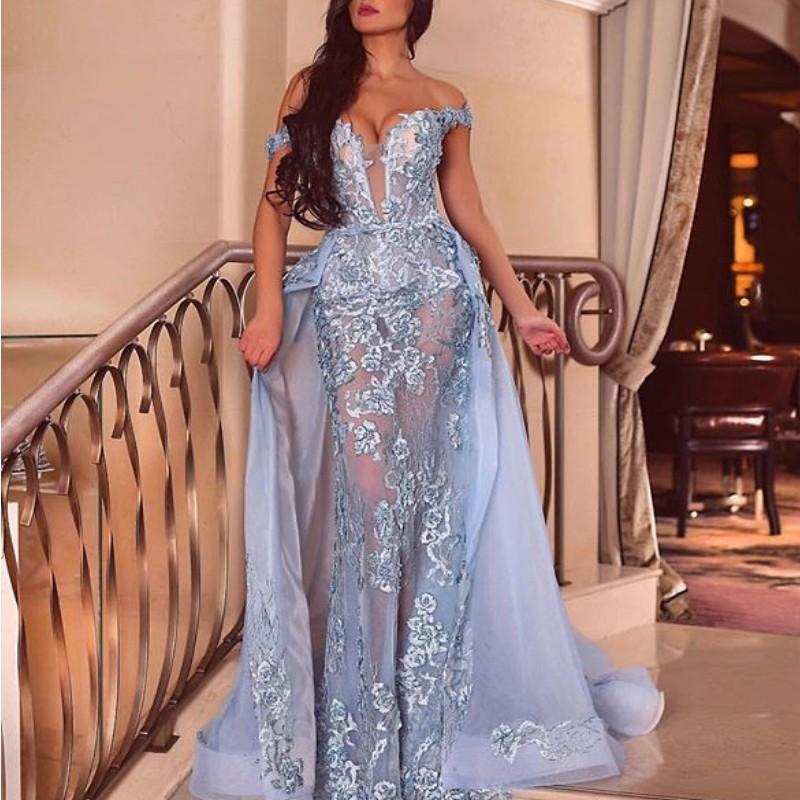 Dubai Mermaid Sexy Prom Dress With Detachable Overskirt Off Shoulder Sleeveless Lace Appliques Party Gowns Formal Evening Dress