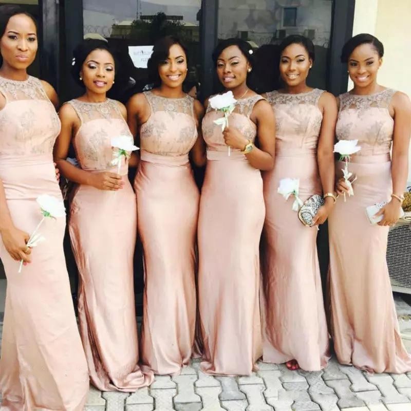African Nigirian Lace and Chiffon Blush Pink Bridesmaids Dresses Sheer Jewel Neck Mermaid Long Peach Wedding Guest Dresses