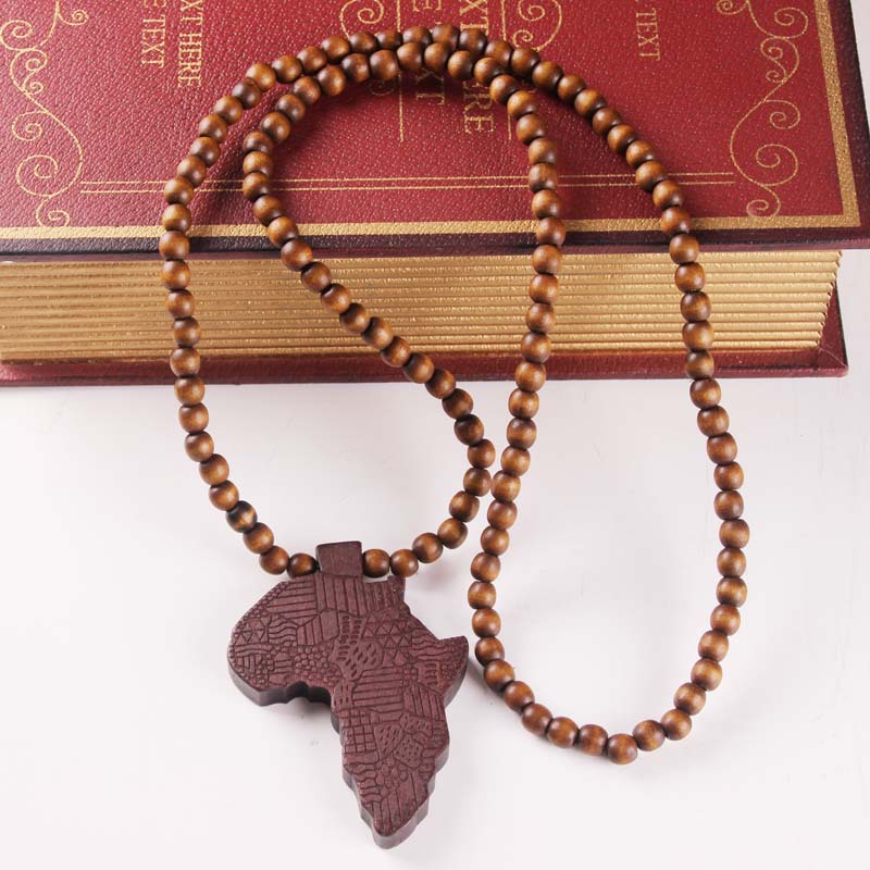 Fashion Wood Made Stylish Africa Map Pendant Hip Hop Beads Long Chain Men Wooden Pendants Necklaces Jewelry Gift S1003