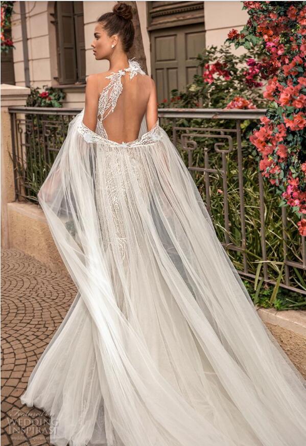 Elihav Sasson Mermaid Wedding Dresses With Cape Lace Appliques Illusion Sweep Train Backless Beach Bridal Gowns Plus Size Wedding Dress