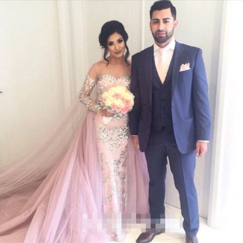 Luxury Beads Peach Mermaid Wedding Dresses With Detachable Train Crystal Lace Appliqued Bridal Gowns Custom Made vestido de novia