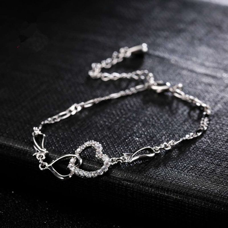 Women Sweet Design Yellow Gold Plated CZ Double Hearts Anklets Bracelet Chain Bride for Wedding Party