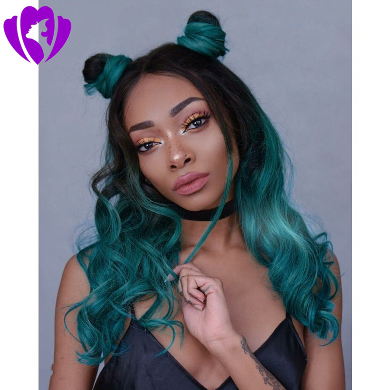 Fashion green color lace front wig body wave Ombre Wigs Heat Resistant Glueless Synthetic Lace Front Wigs for Black Women