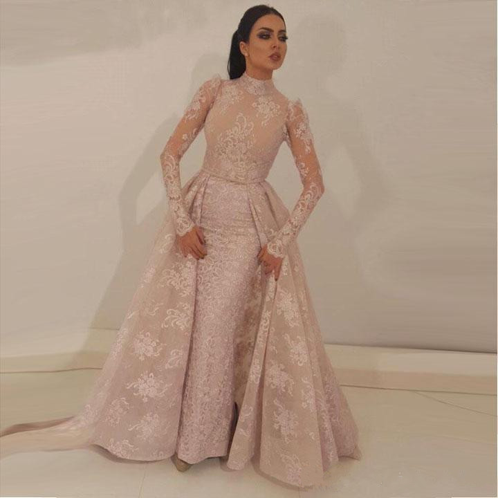 high neck mermaid prom dresses detachable train blush pink full lace appliqued illusion bodice long sleeves formal evening gowns