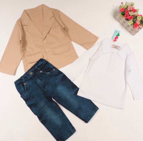Kids Clothing Boys Clothing Set Casual Children Boy Gentleman Suit Jacket+T-shirt+Denim Jean Pants 3pcs Clothing Sets