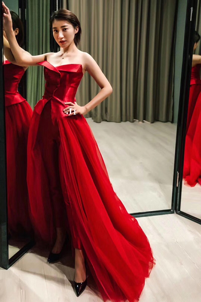Women Dresses With Long Train Pants Red Evening Gowns Two Pieces Strapless Sweep Train Zuhair Murad Prom Dress Vestidos Festa Satin Tulle