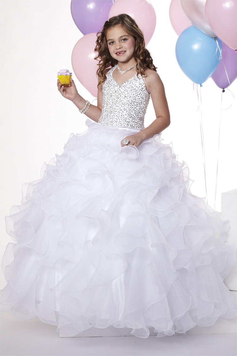 Beauty White Halter Organza Beads Flower Girl Dresses Girls' Pageant Dresses Holidays/Birthday Dress/Skirt Custom Size 2-14 F712003