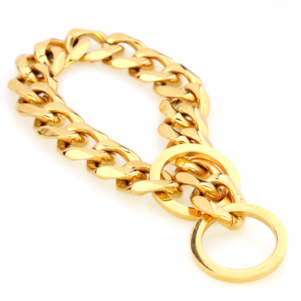 Gold Tone Stainless Steel Training Dog Collar 19mm Wide Fancy Slip Chain Dog Collar For Large Dogs Pitbull Doberman