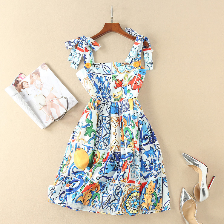 Cute! blue porcelain tile patterns print dress bow tie spaghetti strap fit and flare mini summer dresses new 2018 spring brand