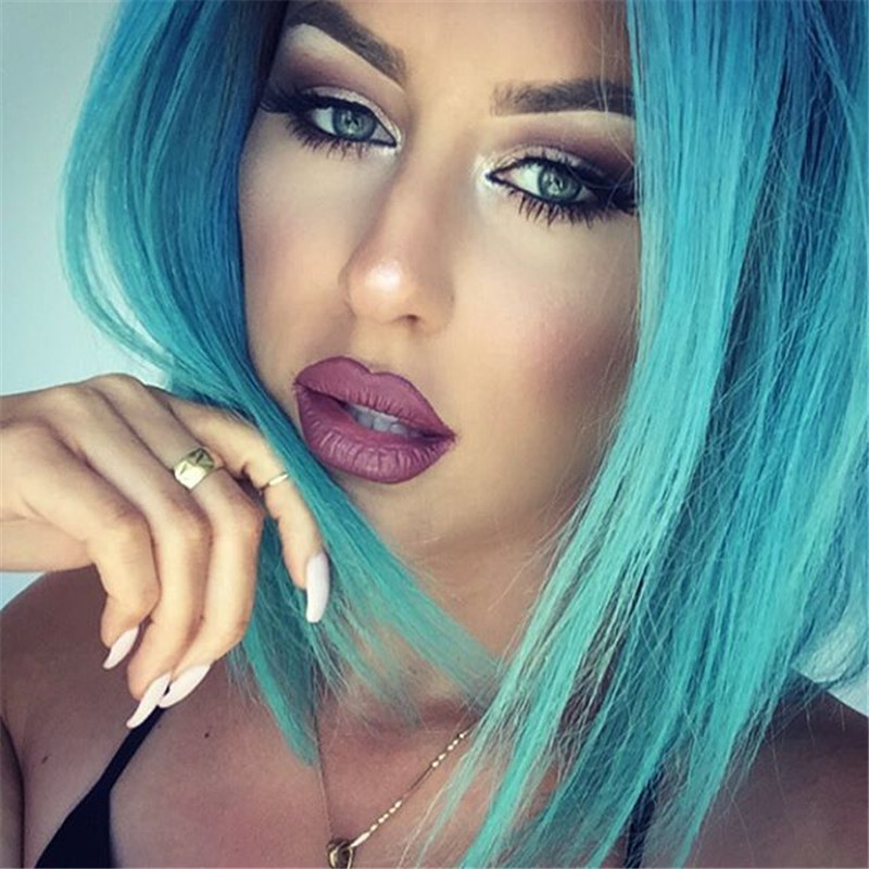 Ombre blue Wigs Short Synthetic Lace Front Wig Full Glueless Natural Black/blue Heat Resistant Hair Women Wigs short bob wigs