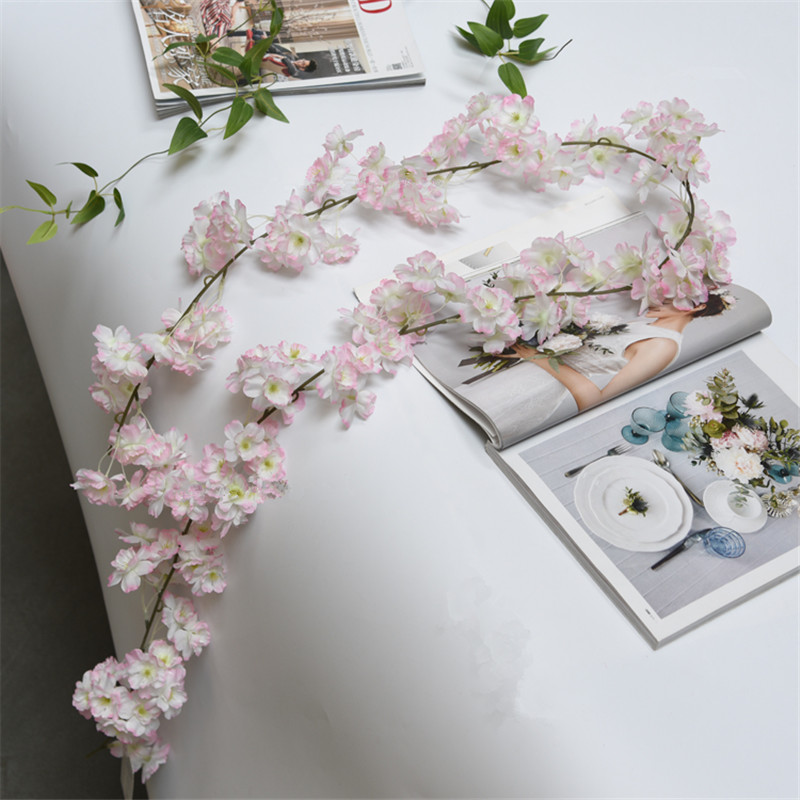 Artificial Cherry blossom Rattan Decorative DIY wedding vine silk flower upgrade new decoration for hotel background shop window decor 1.8m