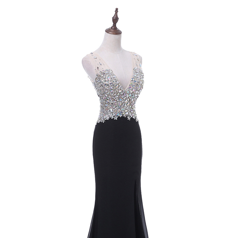 2018 New Cheap Black Chiffon Evening Dresses Beaded Crystals V-Neck Formal Prom Party Celebrity Gowns QC1136