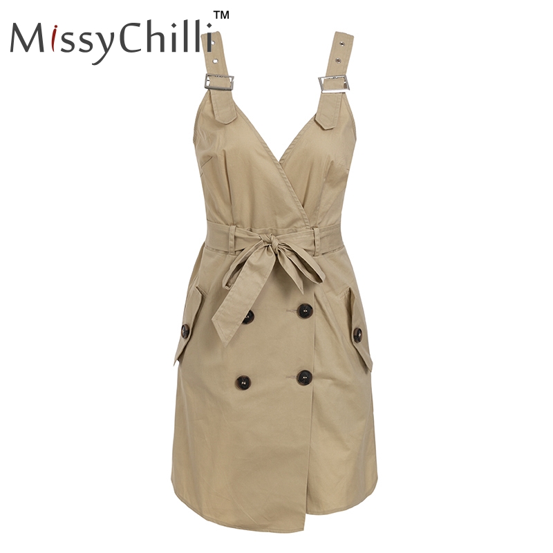 MissyChilli Khaki office lady button sexy dress Women fashion backless short party dress Elegant belt autumn mini bodycon