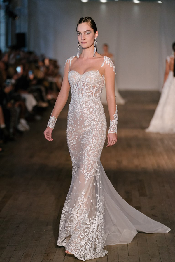 2019 Berta Mermaid Wedding Dresses Scoop Neck Lace Applique Button Back Sweep Train Long Sleeve Wedding Gowns robe de Sexy Bridal Dress