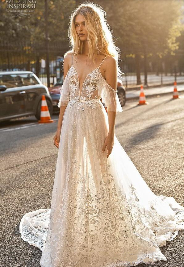 gali karten beach wedding dresses spaghetti illusion a line boho bridal gowns lace appliqued sweep train bohemian wedding dress
