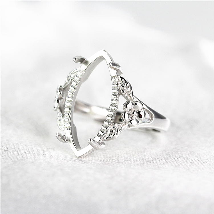 Fine Silver 925 Sterling Silver Ring Engagement Wedding Semi Mount Ring for 10x20mm Marquise Cabochon Amber Agate Setting White Gold Color
