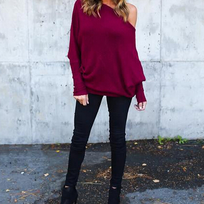 Off The Shoulder Women Sweater Baggy Pullover Sweater Ladies Chunky Knitted Sweater Female Batwing Sleeve Autumn Jumper C18111601