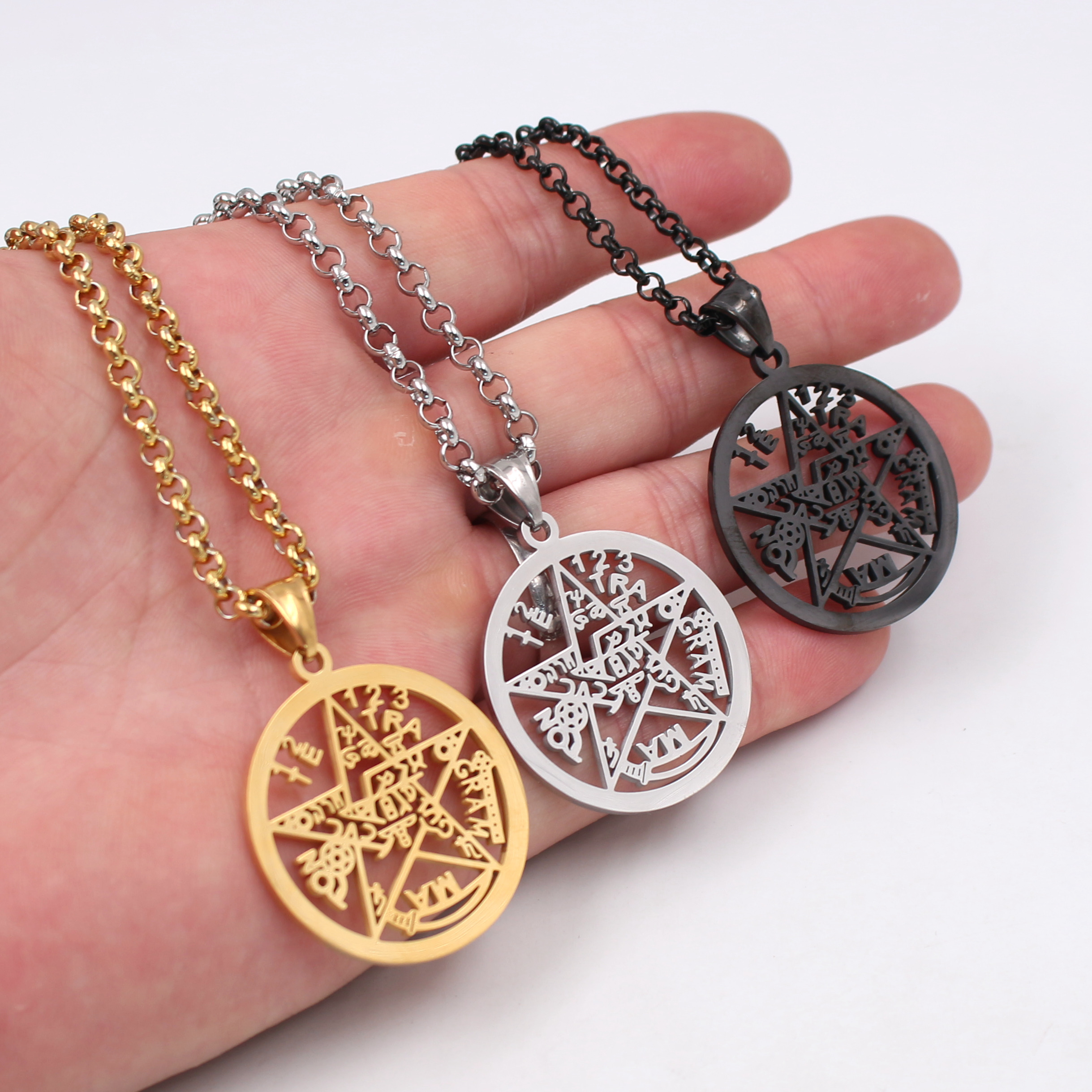 Choose Color Jewelry Stainless steel Gold silver black Religious Necklace rolo chain geometric pentagram Pendant Charms 32mm wide with chain