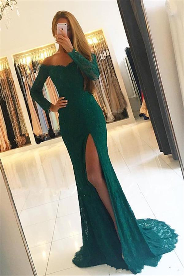 Dark Green Lace Side Slit Prom Dresses with Long Sleeves Off Shoulder Prom Dress Evening Party Gowns Custom Made
