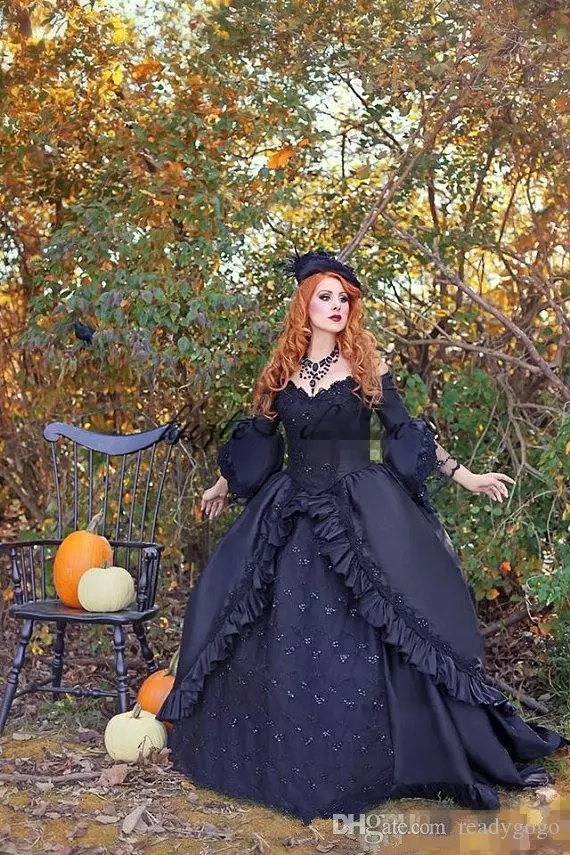 Victorian Vintage Black Dresses With Long Sleeve Retro Plus Size Off Shoulder Gothic Corset Lace Up Wedding Bridal Gown 6660311