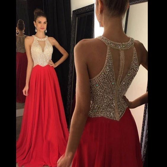 Vestidos de Fiesta 2022 Long Evening Dresses Red Chiffon Beaded Crystal A line Formal Long Sweep Train Prom Dress Halter Abendkleider Custom