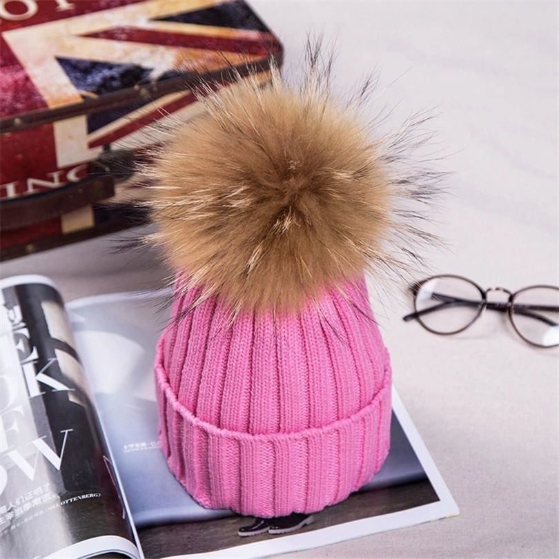Raccoon Fur Ball Pom poms winter hat for women girls knitted wool beanies caps thick female Women's Fur gorros hats Detachable D18110102