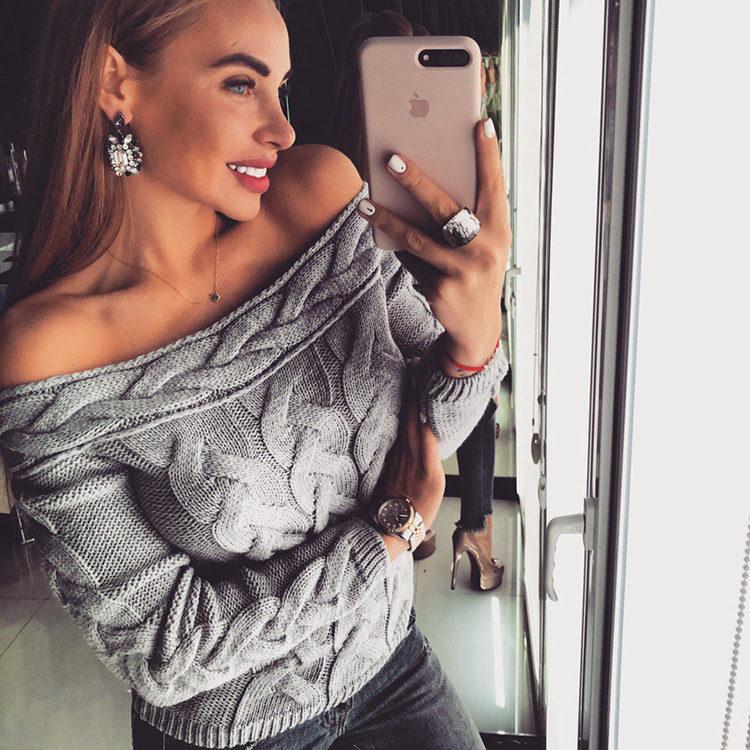 Women knitted long sleeve off shoulder sweater pullover for female women 2018 autumn new sweaters pullovers women autumn C18111601