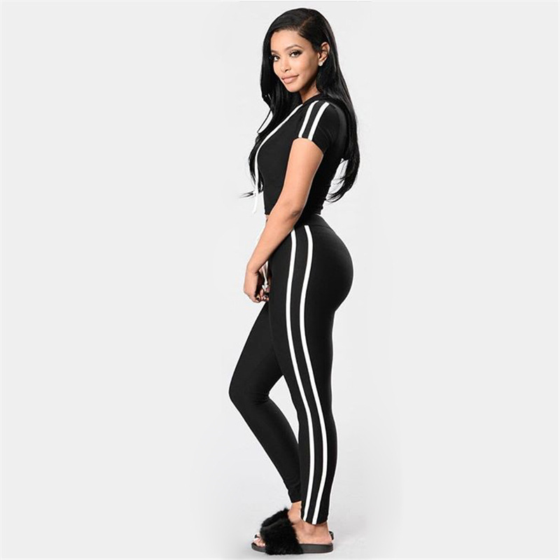 Women's Polyester Running Tracksuit 2 Colors Hooded Short Sleeve T Shirt Legging Set Slim Fit White Stripe Sportswear B4