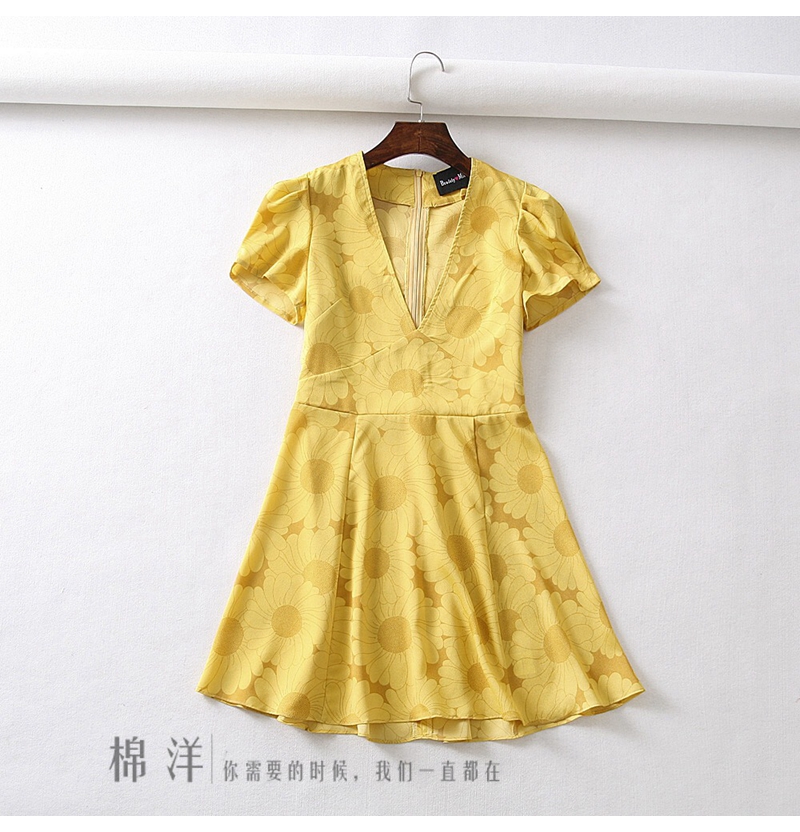 New european design women's fashion flower dots print short sleeve v-neck high waist slim waist a-line short dress French style vestidos