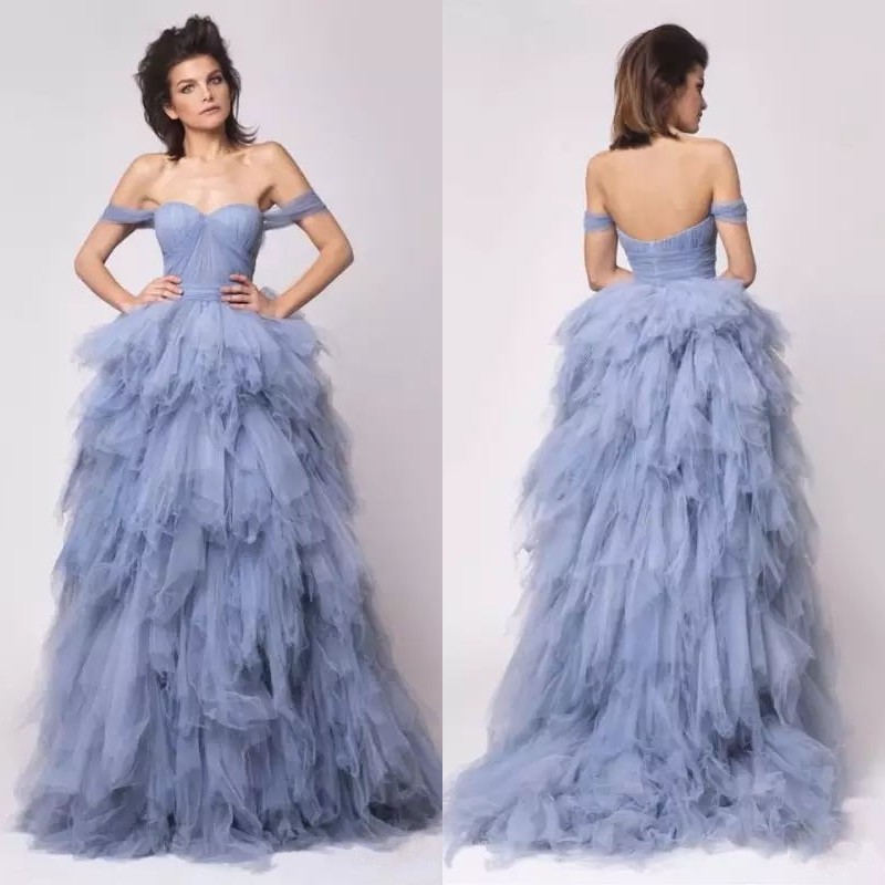 Dusty Blue Off Shoulder Evening Gowns 2016 Sweetheart A-line Tiered Ruffles Vintage Prom Party Dresses Custom Made