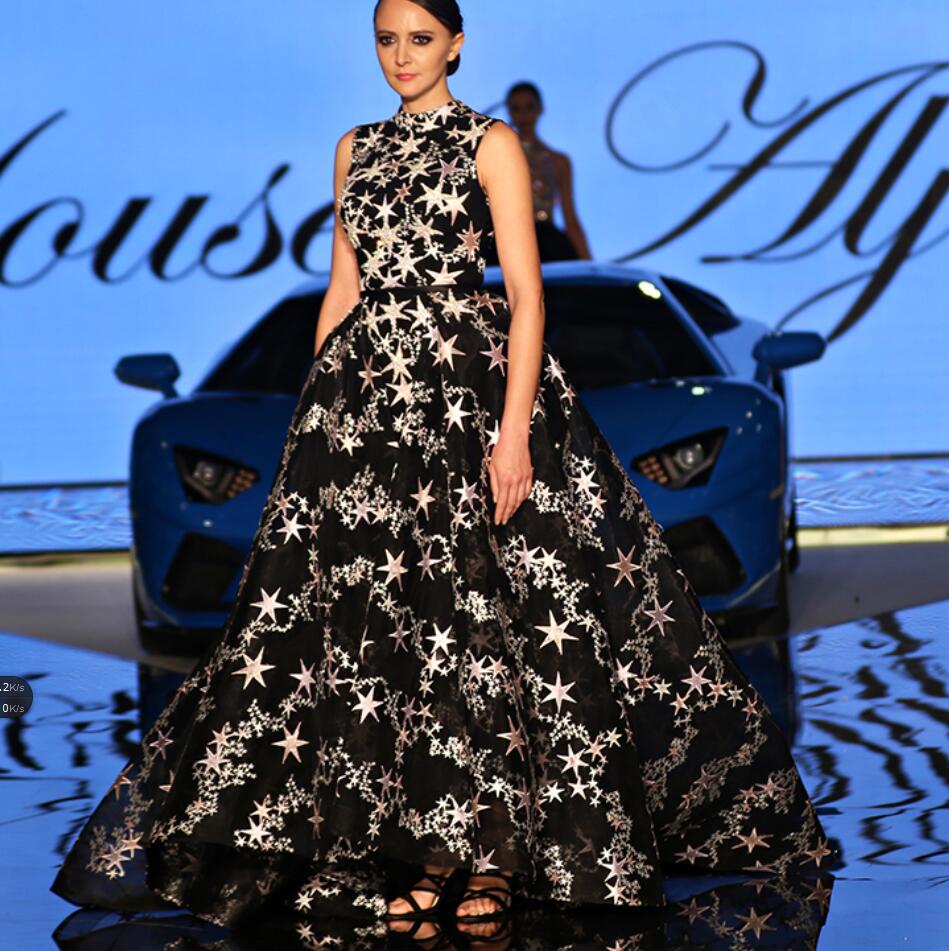 Yousef Aljasmi Black Mermaid Prom Dresses With Detachable Skirt High Neck Sweep Train Quinceanera Dress Bling Stars Plus Size Evening Gowns