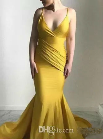 Sexy Spaghetti Straps Mermaid Evening Dresses Daffodil Backless Ruffles Sweep Train Prom Dress Formal Bridesmaid Dresses