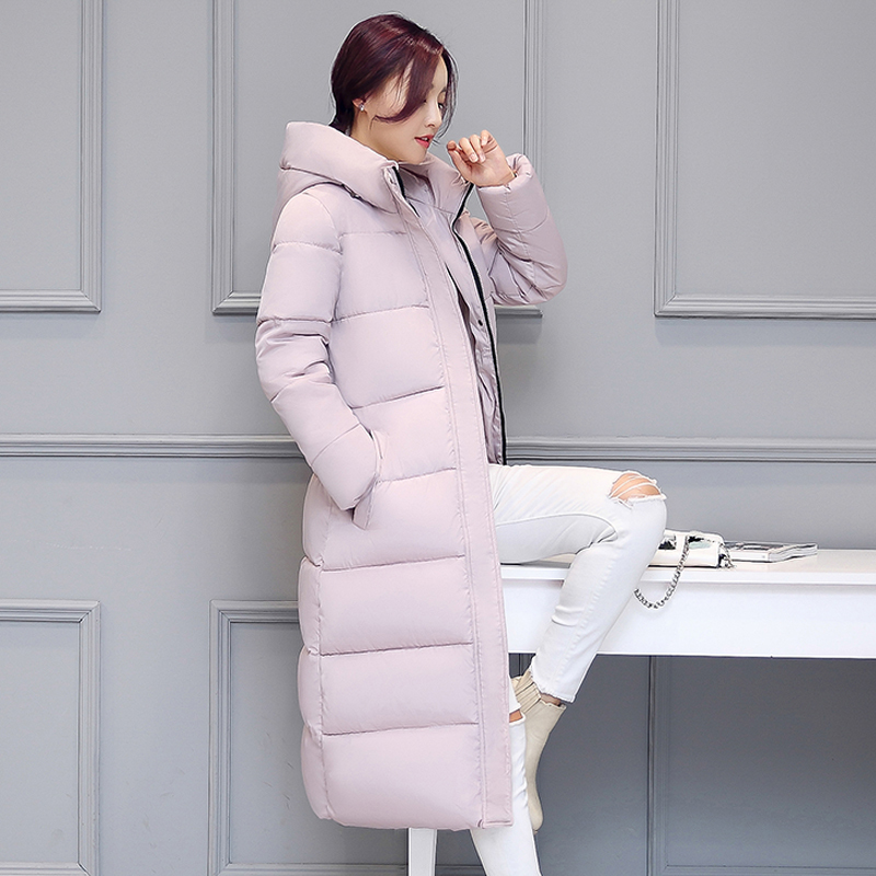 High quality 2018 stand collar coat women winter long hooded with a hat warm thicken womens jacket solid padded female parka S18101103