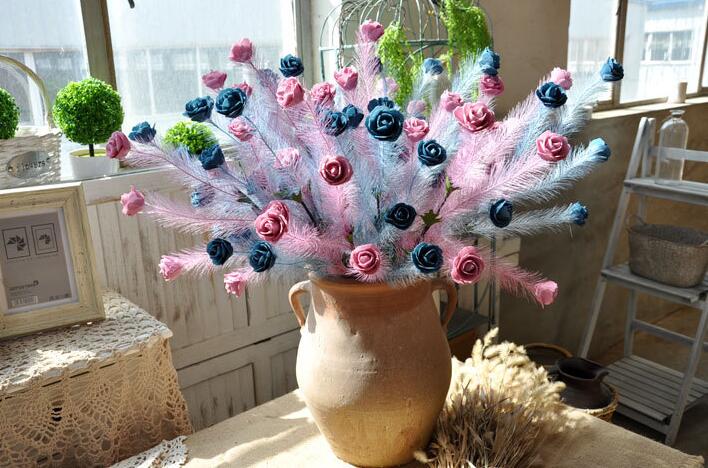 Artificial PE rose feather art vintage rose Wedding road lead to false flowers Five rose heads HR022