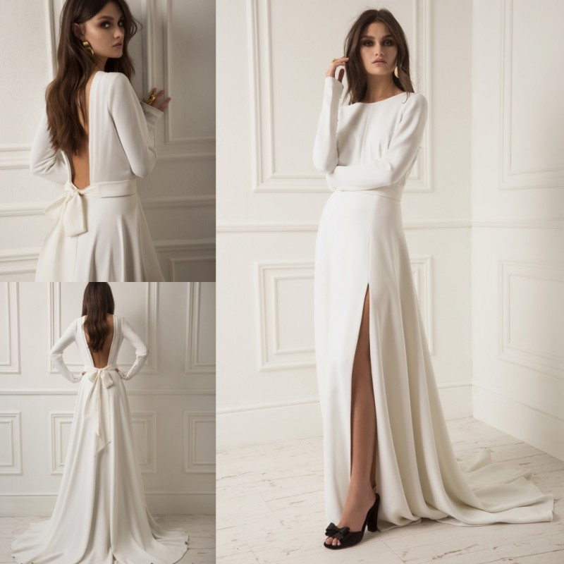 lihi hod 2019 Split Satin Wedding Dresses Long Sleeves Bridal Gowns Backless robe de mariée Plus Size Boho Wedding Dress