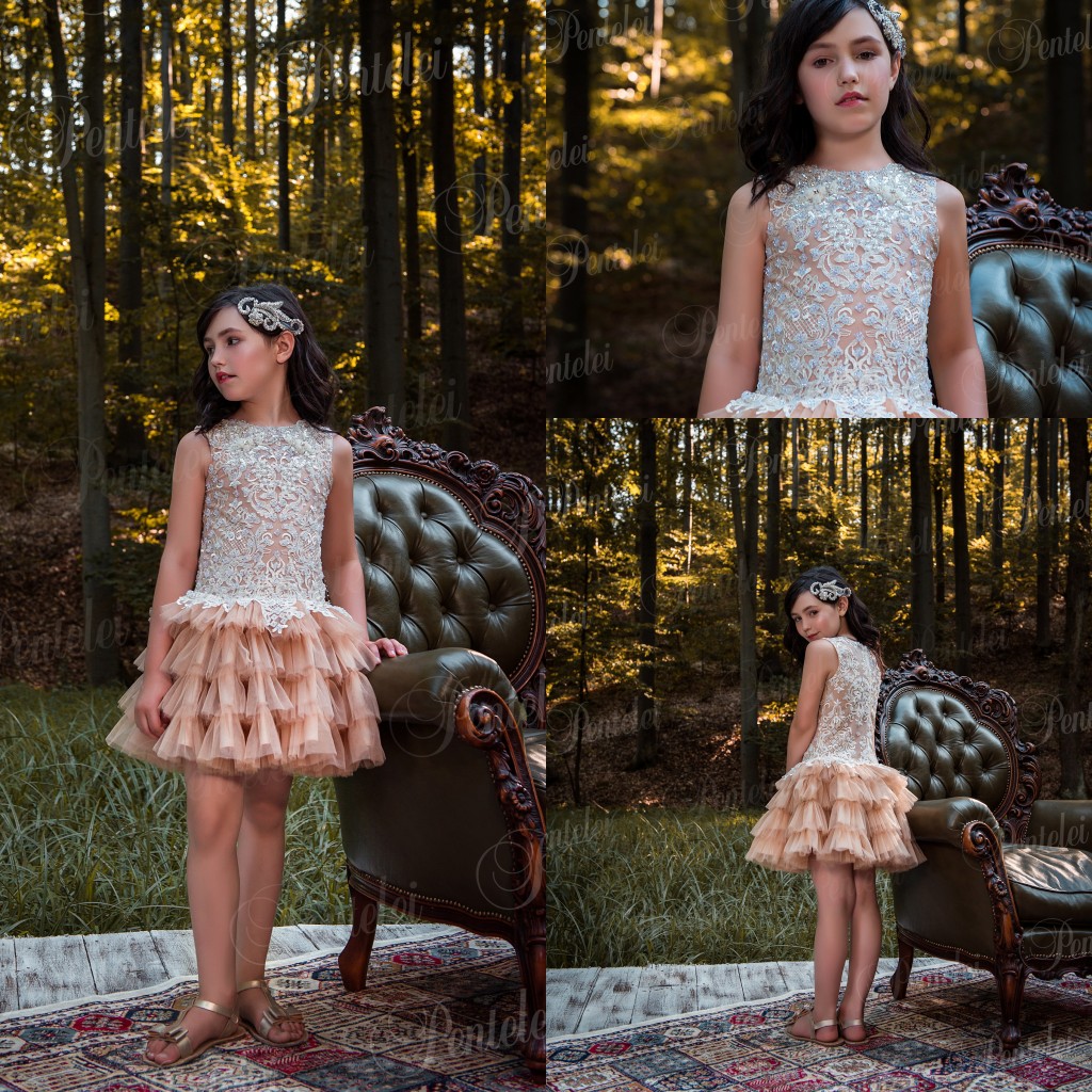 Cute Champagne Girl's Pageant Dresses Tiered Tulle Lace Appliques Beading Sleeveless Shorty Party Dress For Toddler, Brown
Cute Champagne Girl's Pageant Dresses Tiered Tulle Lace Appliques Beading Sleeveless Shorty Party Dress For Toddler, Brown