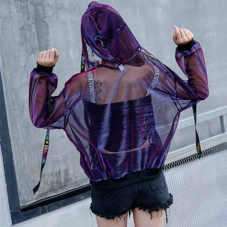 Summer Thin Mesh Loose Rainbow Jacket Hoodies Beach Style Coat Sexy Version Outwear Hiphop