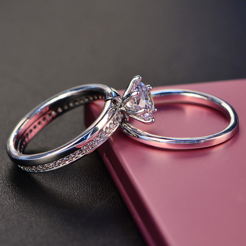 Sterg 3-in-1 Bridal Ring Set: Round Cut White Topaz CZ in Sier