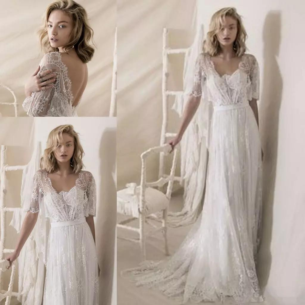 Bohemian A Line Dresses Lihi Hod Full Lace Bridal Gowns With Wraps Low Backless Plus Size Wedding Dress