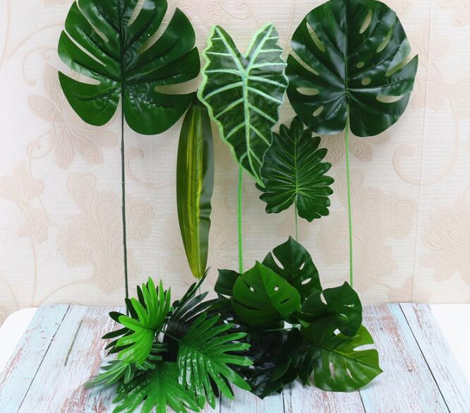 Artificial Plant Large Artificial Fake Monstera Palm Tree Leaves Green Plastic Leaf for Wedding DIY Table Decoration