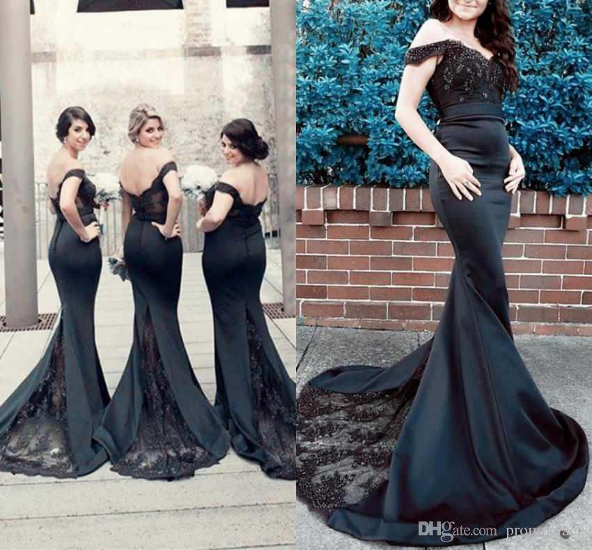 Black Mermaid Sexy Off Shoulder Lace Applique Prom Dresses For Weddings Maid Of Honor Gown Bridesmaid Gowns Vestidos S