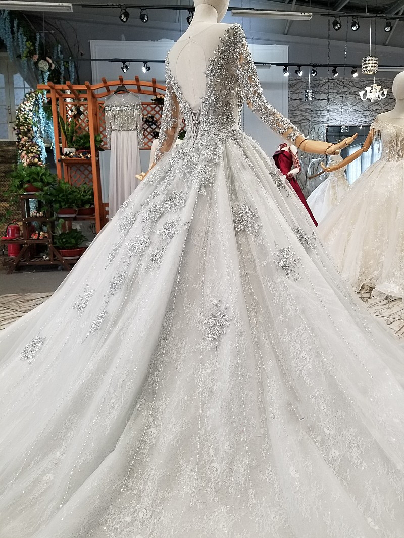 Stunning Long Sleeve Dresses Beadings Laceup Sequins Lace Wedding Bridal Gowns Real Pictures 0521
